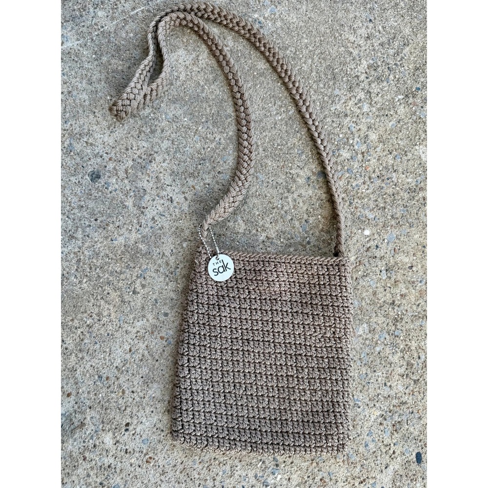 The Sak Taupe Crochet Crossbody Bag Small Brown Knit Messenger Boho Handbag